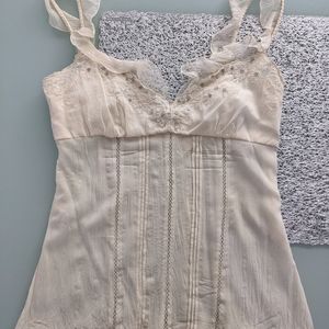 Elie Tahari Cream Colored embroidered, mother pearl sequences silk top XS